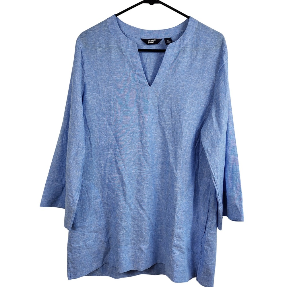 Lands End Womens Medium Linen Blend Tunic Top Blue 3/4 Sleeve Split Neck